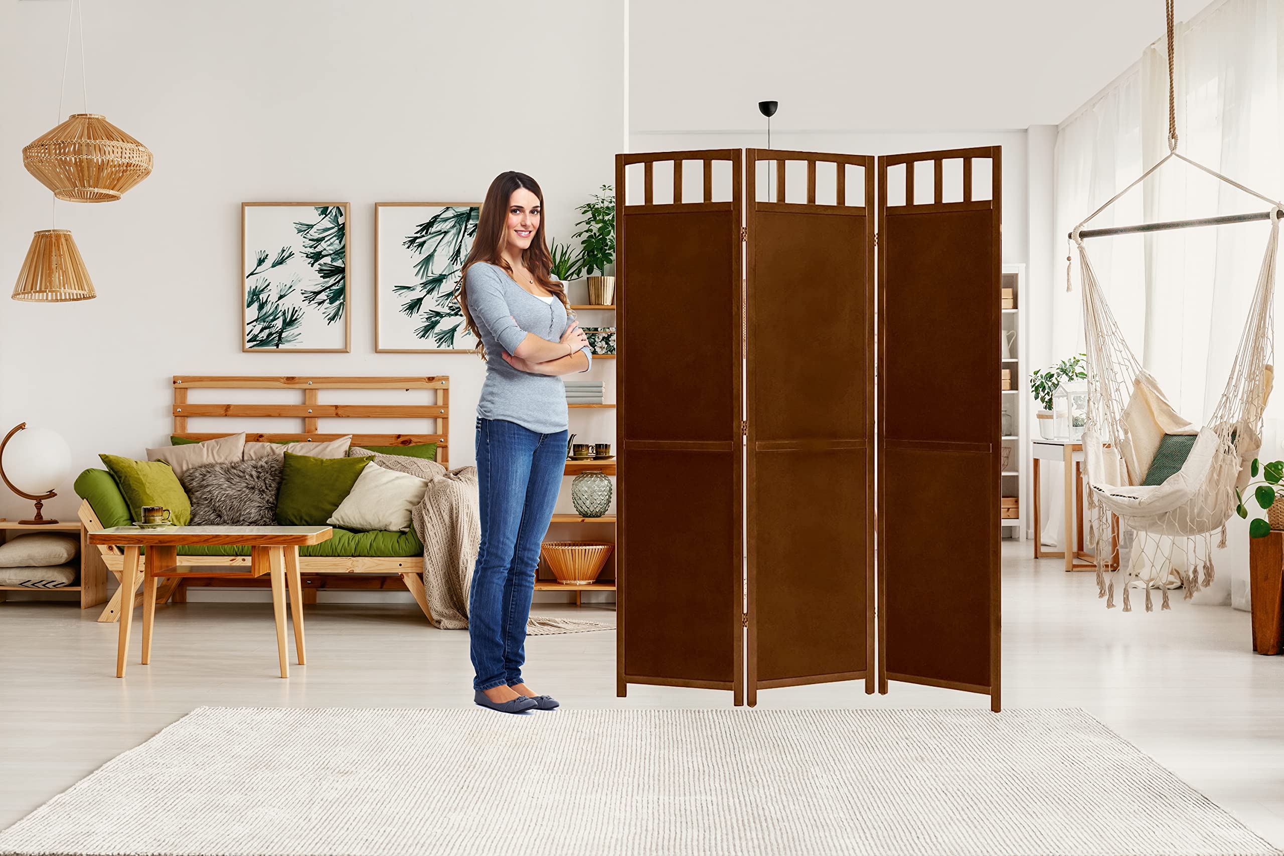 Legacy Decor 3-Panel Solid Wood Privacy Screen Room Divider - Walnut Finish 5.8 ft Tall x 4.2 ft Wide - Perfect for Home Office, Living Room, and Bedroom Partition