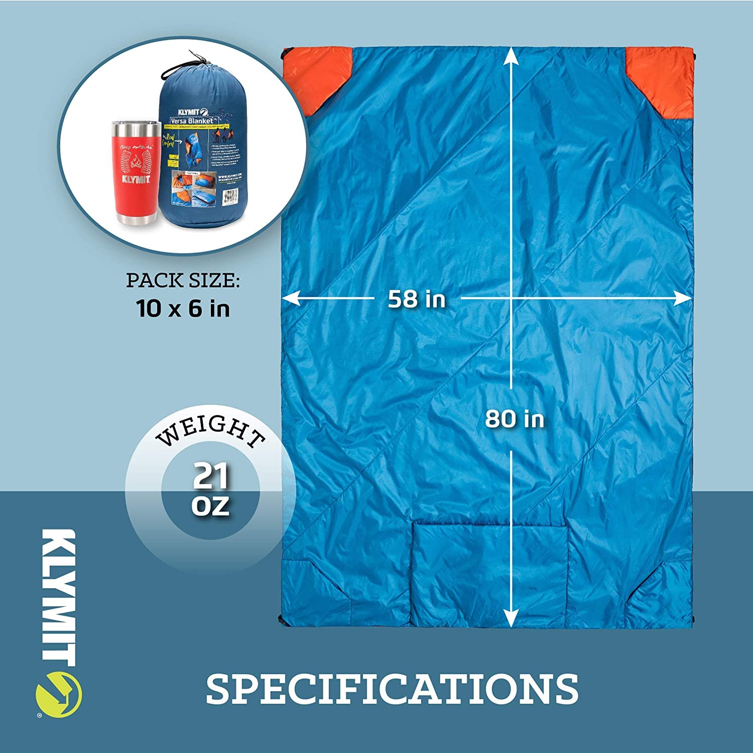 Klymit Versa Packable Camping Blanket & Comforter - Lightweight, Water-Resistant Outdoor Blanket for Hiking, Picnics, Travel and Emergency Survival Gear