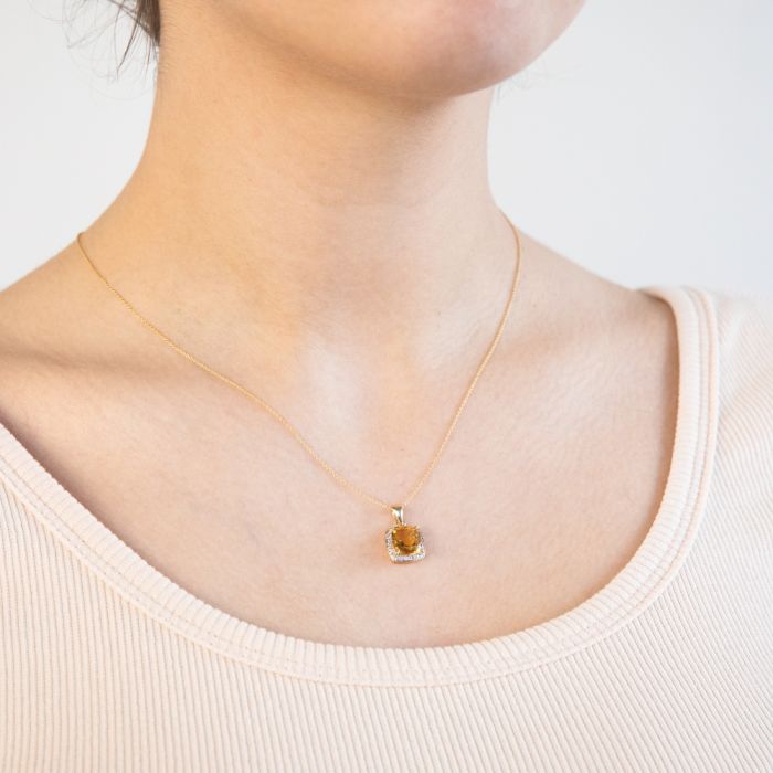 9ct Yellow Gold 2ct Citrine and Diamond Cushion Cut Pendant Necklace - Elegant Jewelry Gift for Women, Perfect for Weddings, Anniversaries & Special Occasions