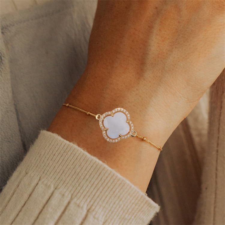 18K Gold Plated Lucky Clover Crystal Adjustable Bracelet for Women - Elegant Adjustable Fashion Jewelry, Birthday Gift for Her - Perfect for Everyday Wear, Special Occasions & Gift Giving