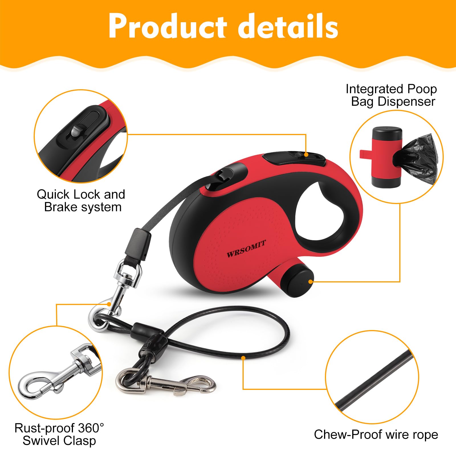 26Ft Retractable Dog Leash with Chew Proof Cable - Heavy Duty No Tangle Leash for Small Medium Large Dogs up to 110lbs - 360° Swivel & One-Handed Brake System (Red) - Perfect for Walking, Jogging, Training and Outdoor Adventures with Your Pet