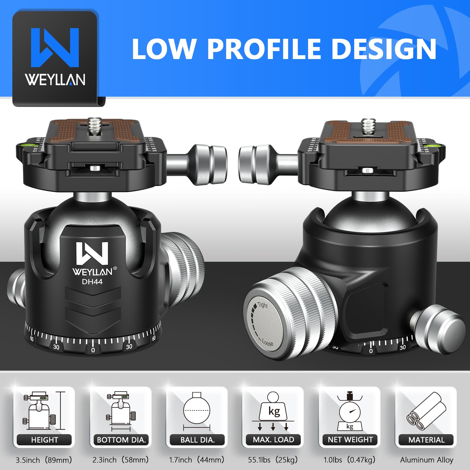 WEYLLAN DH44 44mm Low Profile Ball Head - 360° Metal Panoramic Tripod Head with 2 Quick Release Plates, Arca Compatible for DSLR Camera, Max Load 55lbs/25kg - Perfect for Landscape, Portrait & Travel Photography
