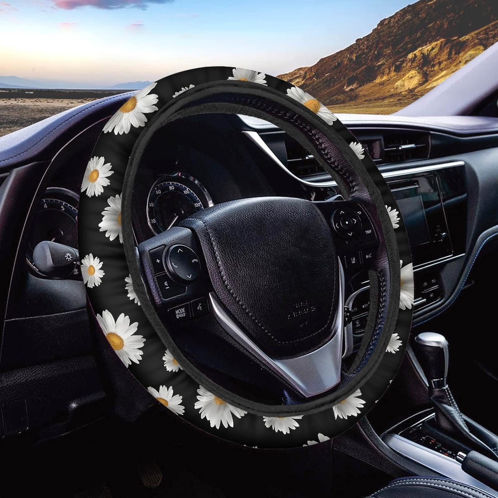 CLOHOMIN Daisy Flower Print Car Steering Wheel Cover 14-15 Inch Universal Fit - Floral White & Black Anti-Slip Steering Wheel Protector with Sweat-Absorbing Design for Men & Women | Perfect for Summer Driving, Road Trips & Daily Commute