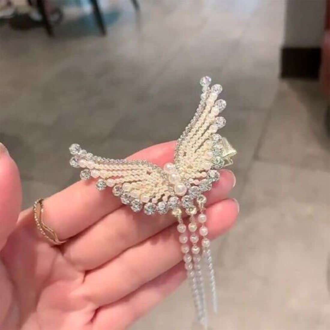 DENICRAAS Rhinestone & Faux Pearl Wing Design Hair Clips - Alloy Barrettes with Pearl Tassel for Women | Perfect for Weddings, Parties & Special Occasions