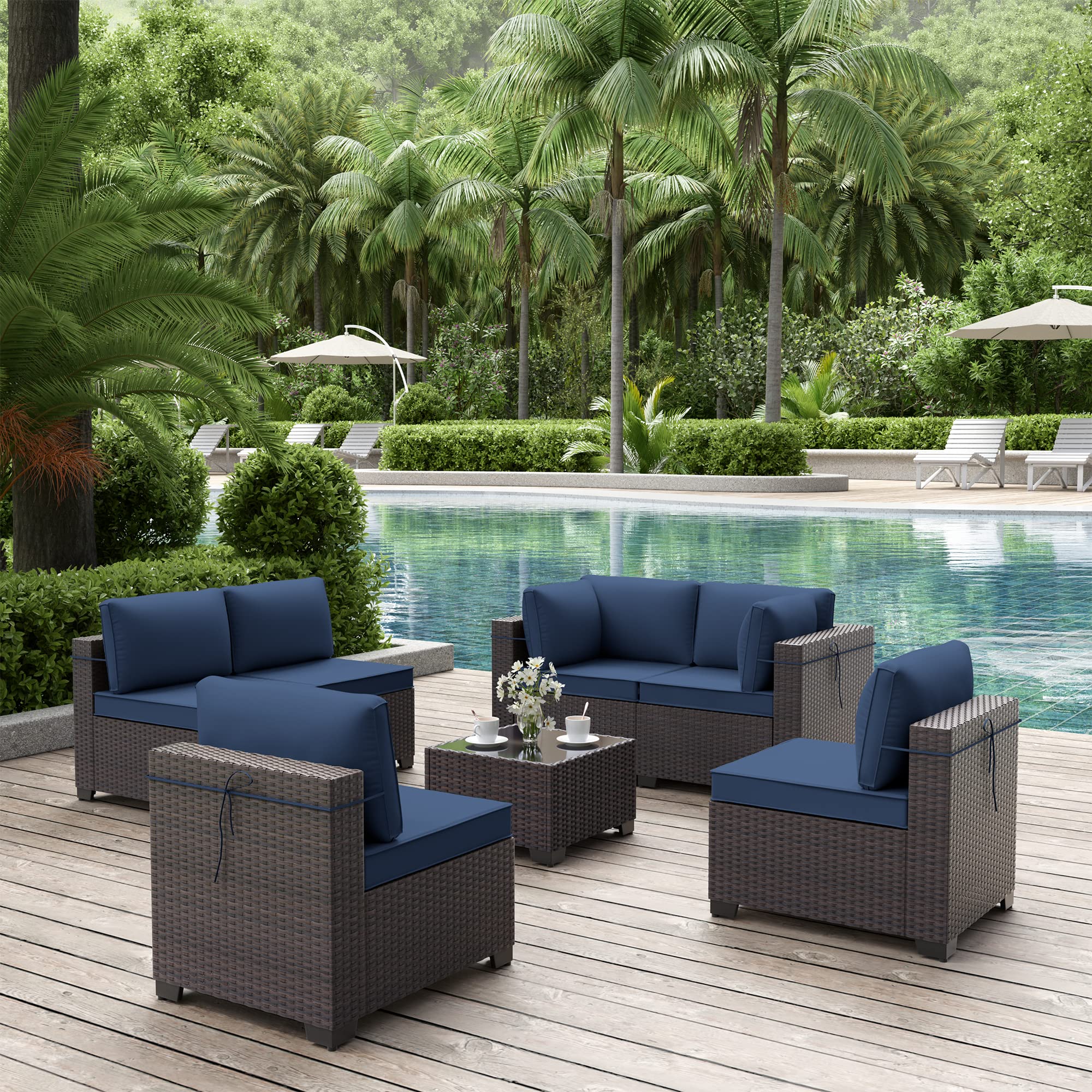 7-Piece Outdoor Patio Furniture Set - All-Weather Brown PE Wicker Sectional Sofa with Cushions & Glass Table - Dark Blue Woven Rattan Conversation Set for Garden, Poolside & Backyard Relaxation