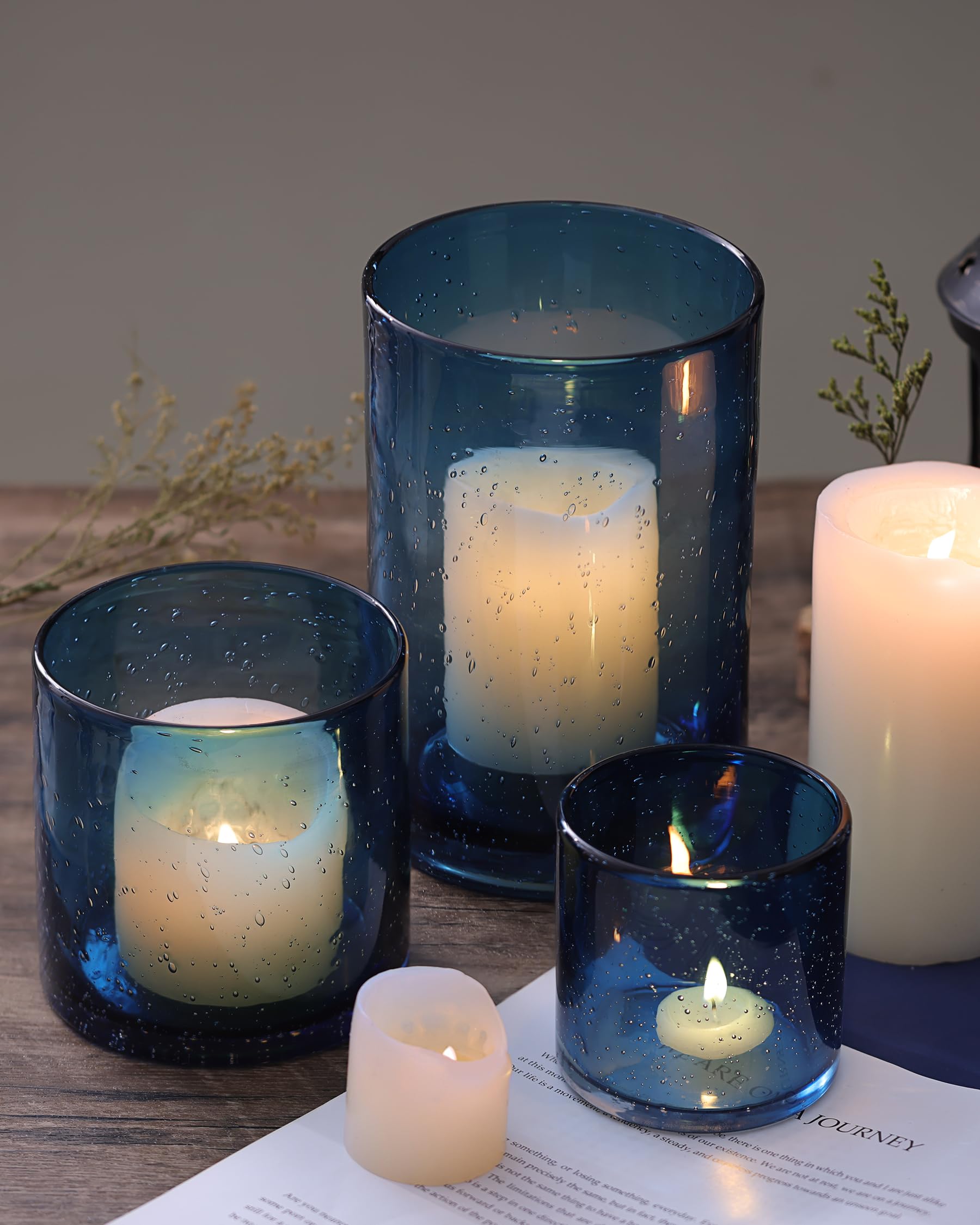 Blue Glass Hurricane Candle Holders Set of 3 - Seeded Bubbles Pillar Candle Holders 8
