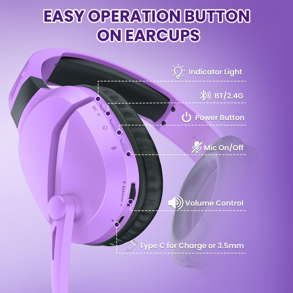 Wireless Gaming Headset with Noise Canceling Mic for PS5, PC, PS4 - 2.4G/Bluetooth Headphones with USB & Type-C - Wired Controller Mode (Purple) - Perfect for Competitive Gaming & Online Chat