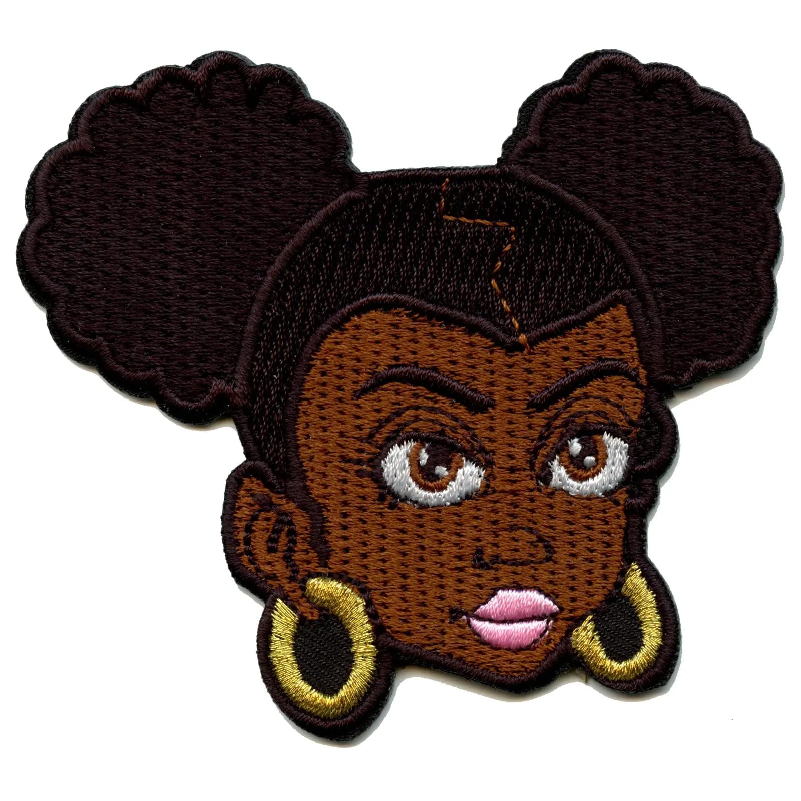 Afro Puff Girl Iron On Patch - Embroidered Hair Style Face Applique for DIY Clothing & Accessories | Perfect for Jackets, Jeans, Bags & Hat Decorations