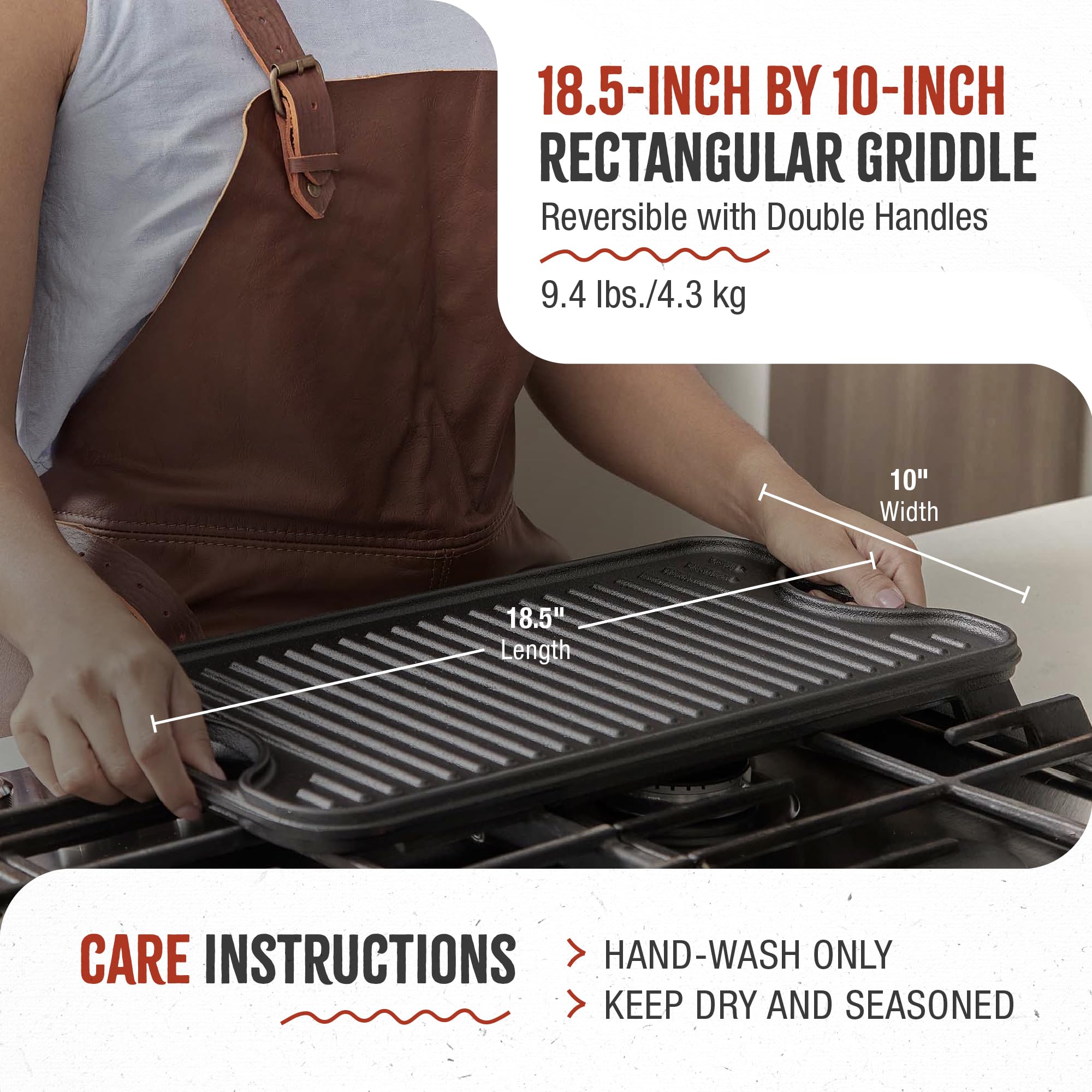 Victoria Rectangular Cast Iron Griddle - 18.5 x 10 Inch Double Burner Reversible Grill/Griddle, Pre-Seasoned with 100% Kosher Certified Non-GMO Flaxseed Oil - Perfect for Stovetop, Camping & Outdoor Cooking