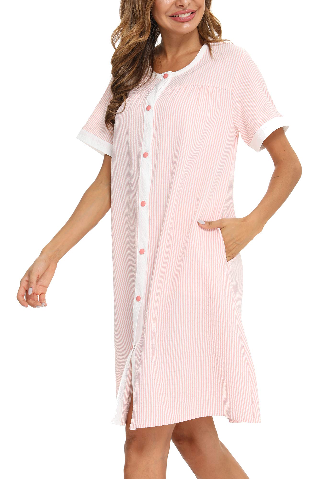 YOZLY Women's Short Sleeve House Dress with Pockets - Comfortable Cotton Duster Robe & Nightgown for Lounge, Sleepwear and Relaxing at Home