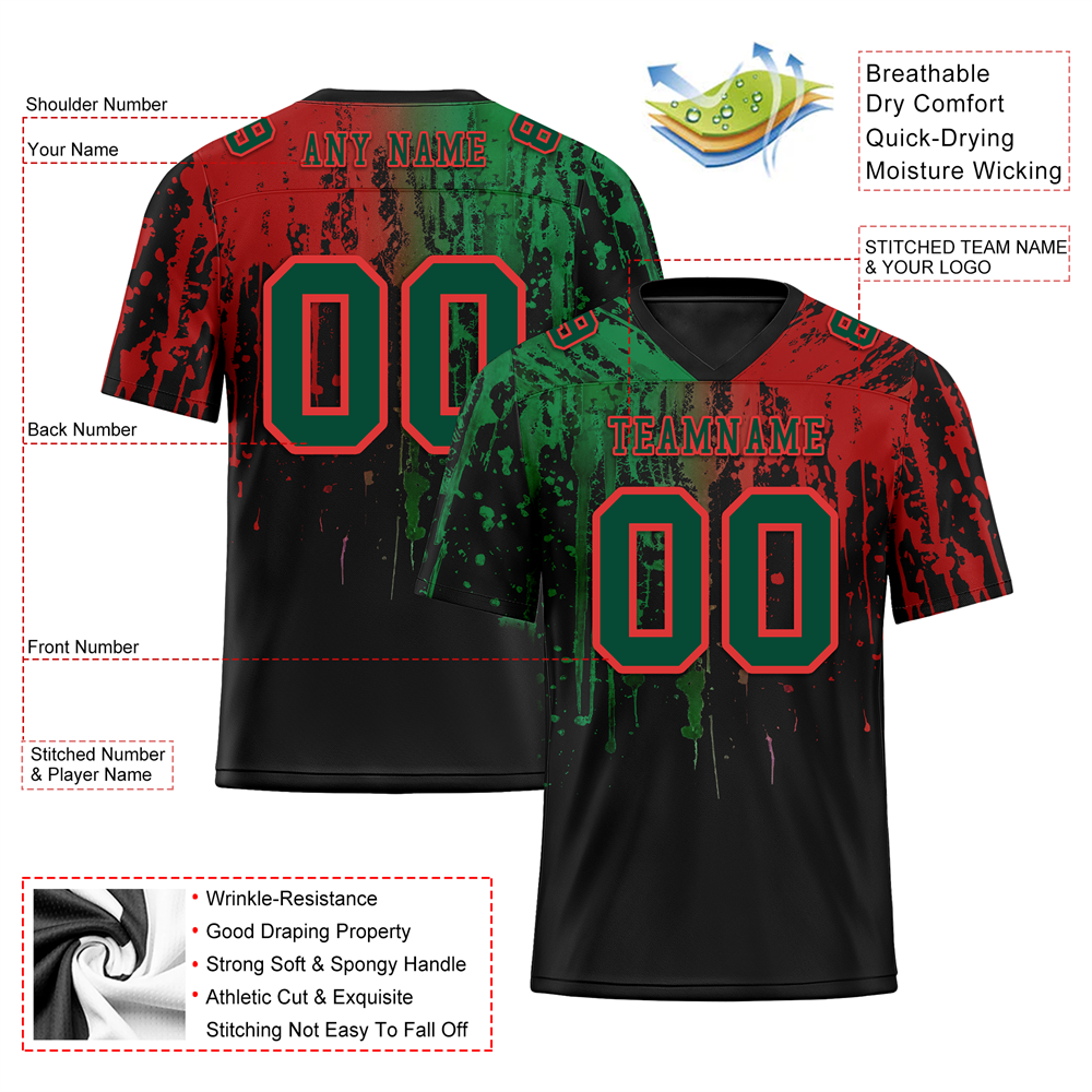 Custom Green & Red Graffiti Football Jersey - Personalized Authentic Soccer Uniform FBJ02 for Fans, Streetwear & Game Day Outfits