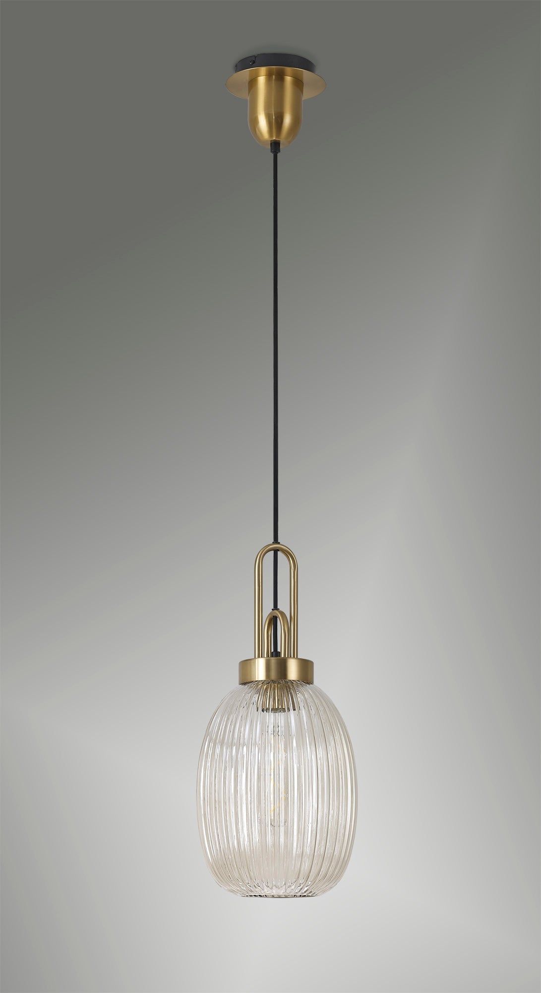 Cadiz 1-Light Pendant Light Fixture with 20cm Almond Ribbed Glass Shade, E27 Socket, IP20 Rated - Perfect for Kitchen Island, Dining Room, or Bedroom Lighting