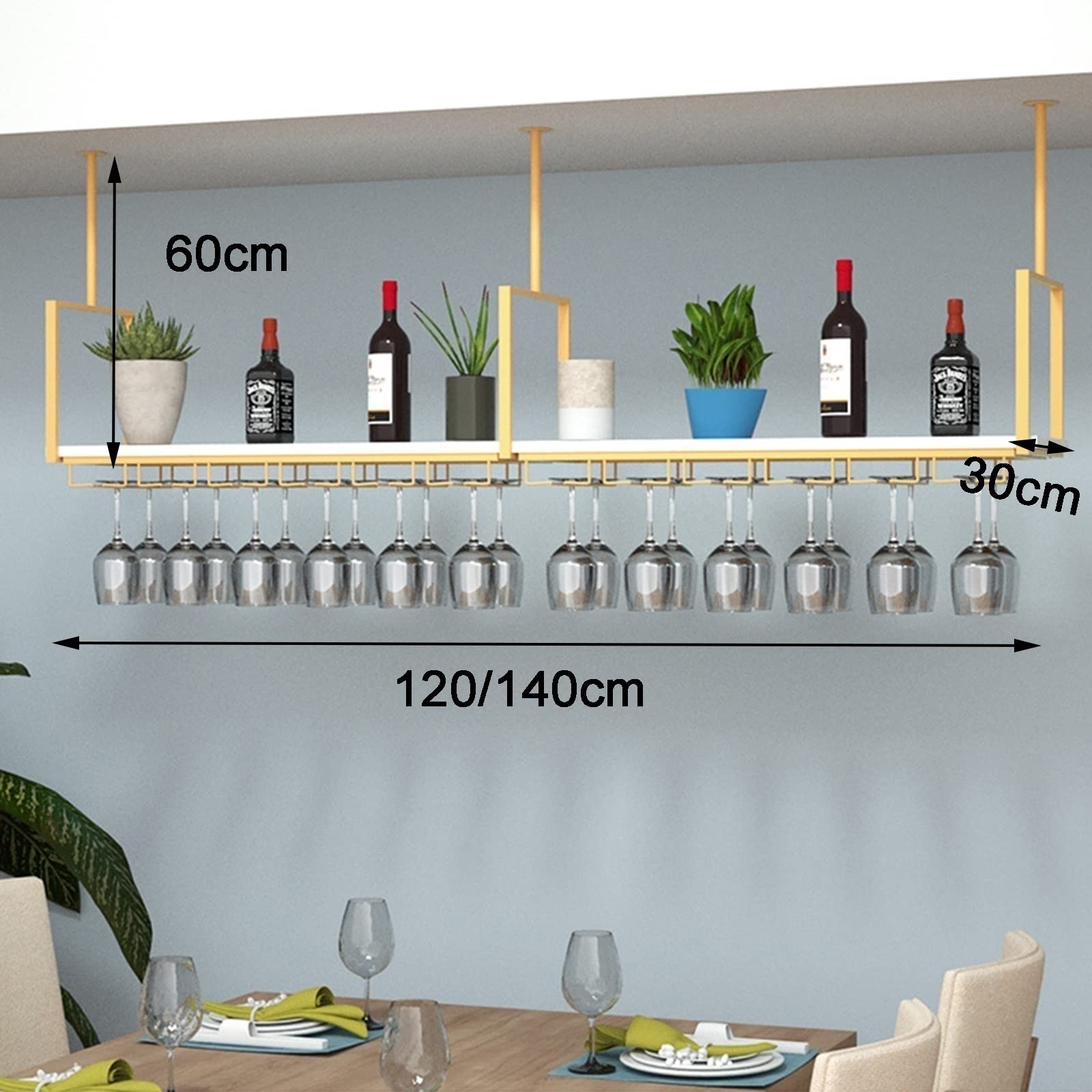 Floating Ceiling Wine Rack - Hanging Shelf for Wine Glasses & Bottles Storage | Solid Wood & Wrought Iron Kitchen Organizer | European Retro Style Plant Stand | Perfect for Kitchen, Bar, Restaurant & Home Decor