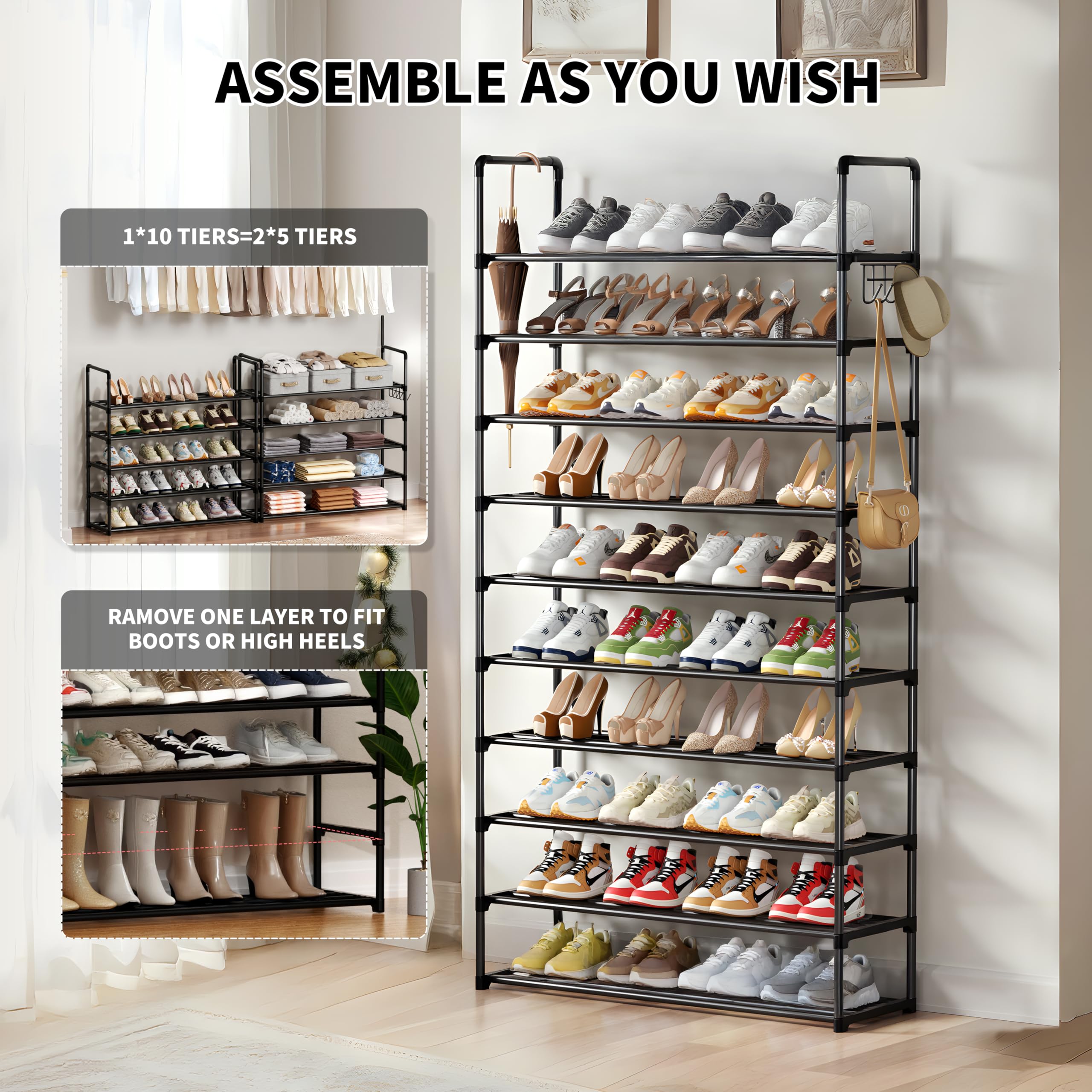 10-Tier Metal Shoe Rack Organizer with Hooks - Holds 40-45 Pairs - Space Saving Tall Shoe Shelf for Closet, Entryway, Living Room & Hallway - Perfect Shoe Storage Solution for Small Spaces & Apartment Organization