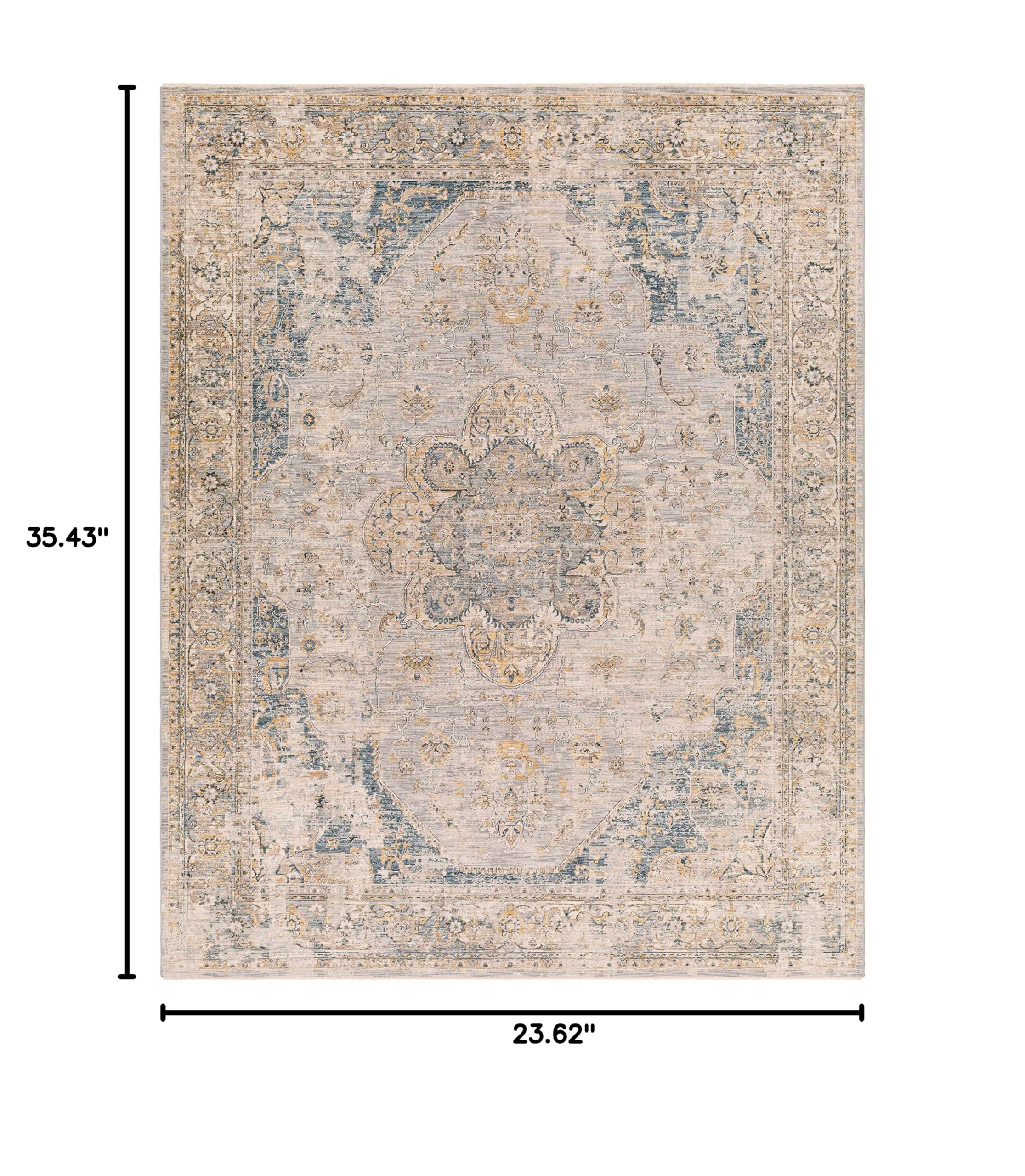 Hauteloom Tuganay Traditional Beige Blue Gray 2' x 3' Area Rug for Living Room Bedroom - Soft Non-Slip Floor Carpet for Home Decor, Cozy Comfort Underfoot