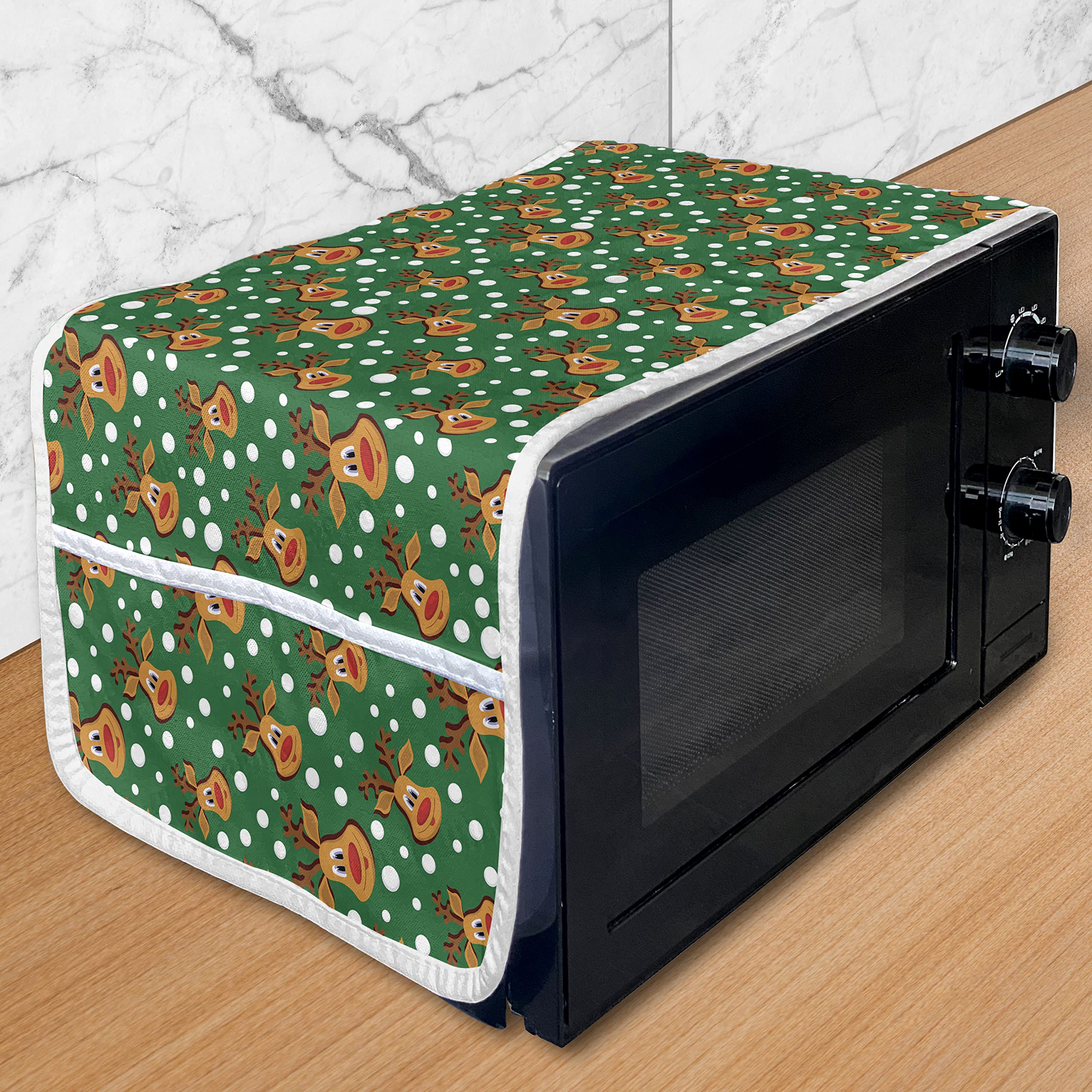 Ambesonne Christmas Microwave Cover - Waterproof Kitchen Organizer with Pockets, 36x12 Inches, Festive Deer & Snowflake Design in Red Amber White - Perfect for Holiday Decor & Small Appliance Protection