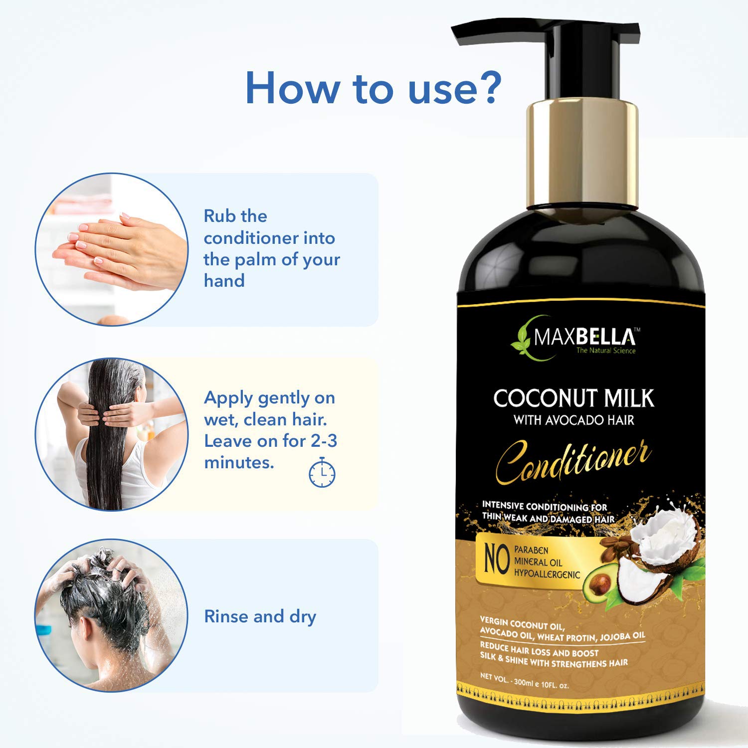 MAXBELLA® Coconut Milk & Avocado Hair Conditioner - Nourishing, Hydrating Treatment for Silky, Shiny & Strong Hair - Paraben & Mineral Oil Free - 300ml - Perfect for Daily Hair Care & Damaged Hair Repair (For Men & Women)