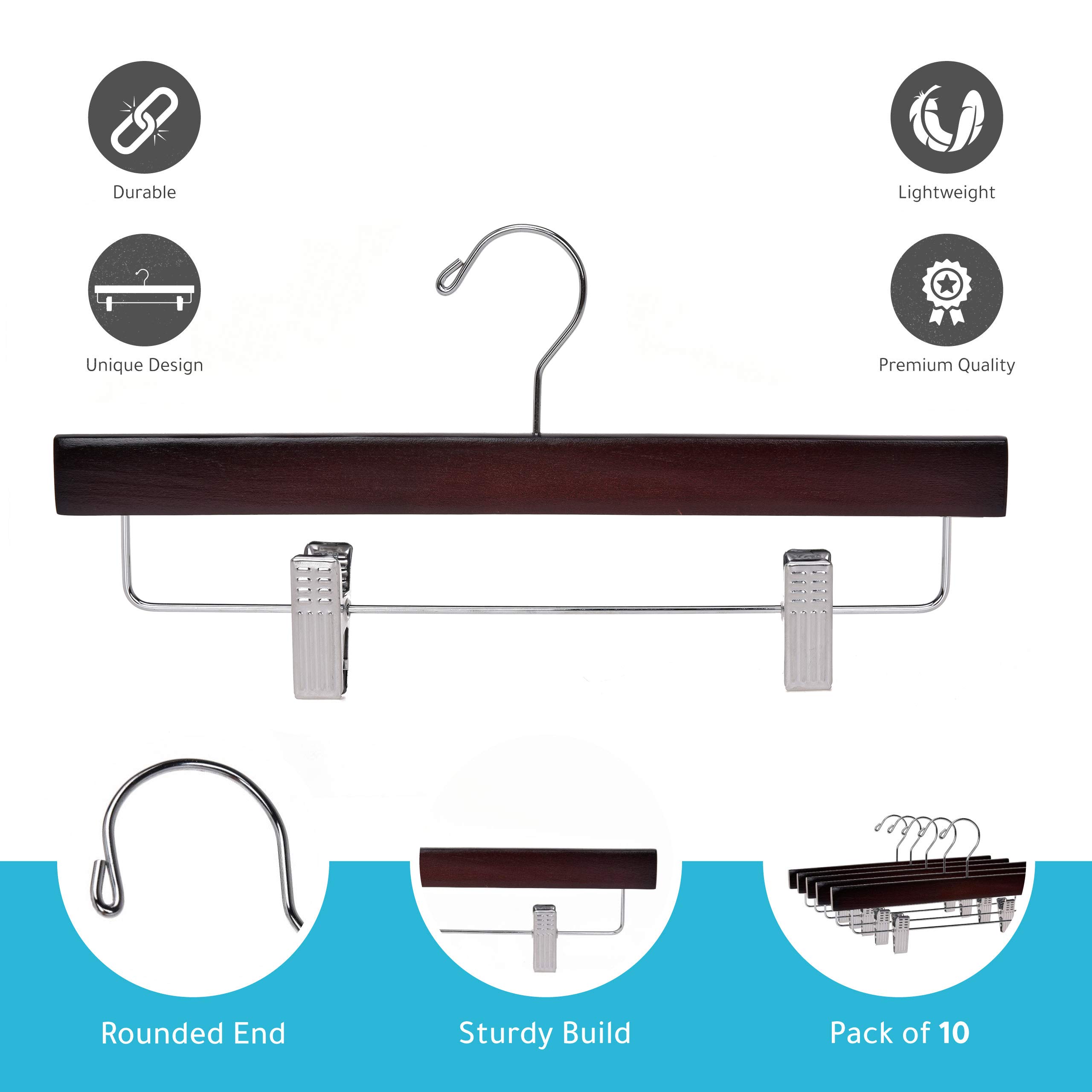 Premium 100-Pack Wooden Clothes Hangers with Swivel Hooks & Adjustable Clips - Heavy Duty Mahogany Pants, Skirt, Shorts & Slack Hangers for Wardrobe Organization - Perfect for Closet Storage, Retail Stores & Laundry Room Use
