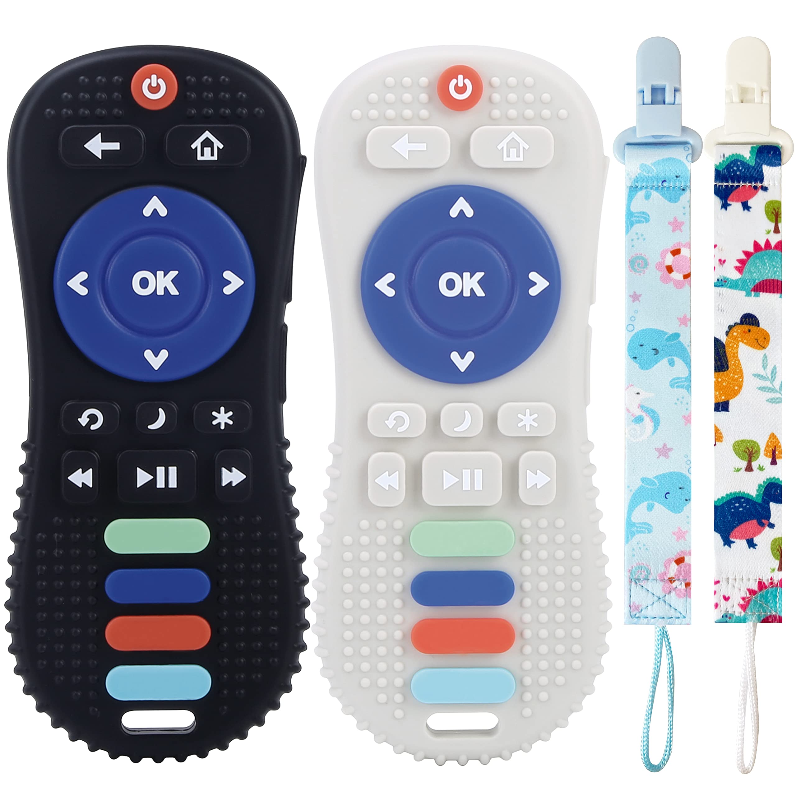 FXK Baby Teething Toys for 6-12 Months - 2 Pack BPA Free Silicone Teethers with Remote Control Design, Sensory Chew Toys for Soothing Sore Gums (Black & Grey) - Perfect for Home, Travel & Daycare Use
