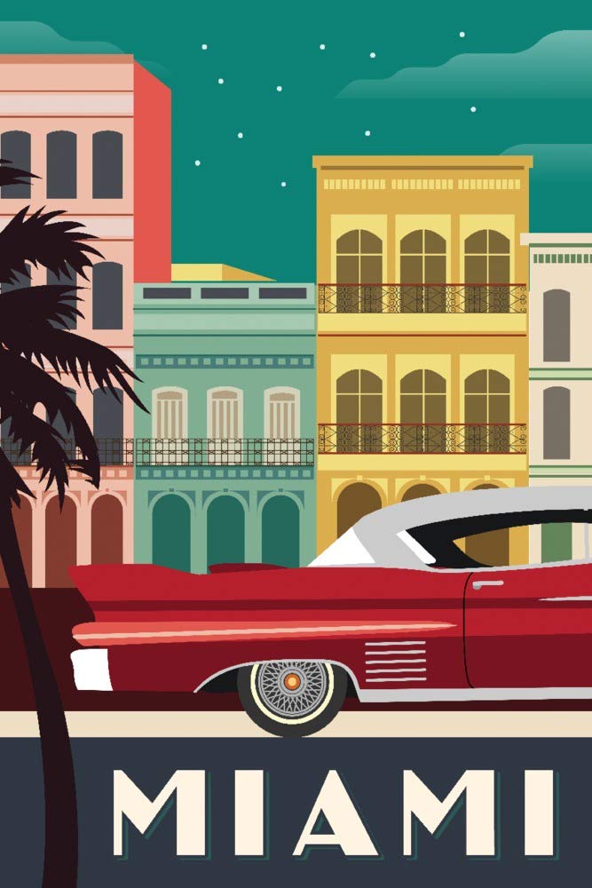 Miami Skyline with Vintage Car - 16x24 Gallery Quality Metal Wall Art, Aluminum Decor for Home & Office - Perfect for Living Room, Bedroom, or Office Wall Decor