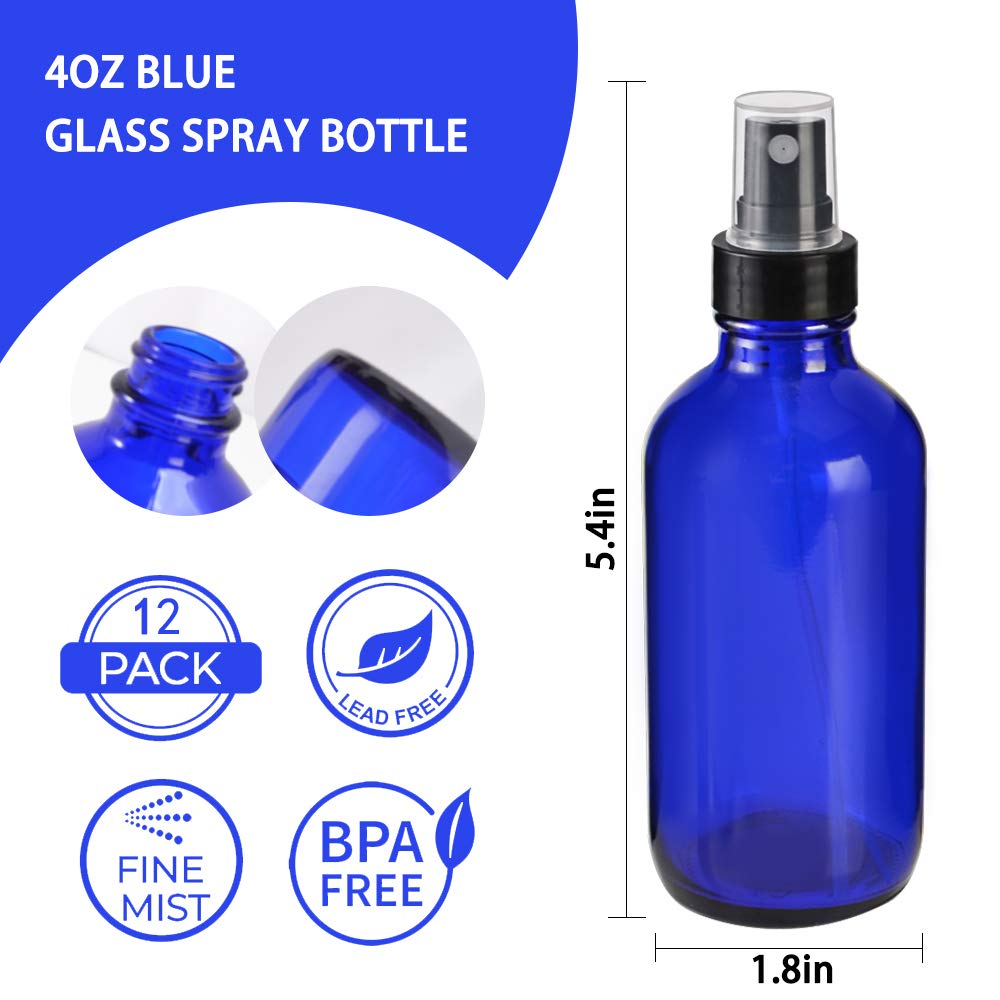 STARSIDE 12 Pack 120ml (4oz) Blue Glass Spray Bottles with Fine Mist Sprayer & Dust Cap - Essential Oil Bottles, Perfume Atomizers, Cleaning Solution Containers - Includes 1 Brush, 2 Funnels, 2 Droppers & 18 Labels - Perfect for DIY Beauty, Aromatherapy & Home Cleaning