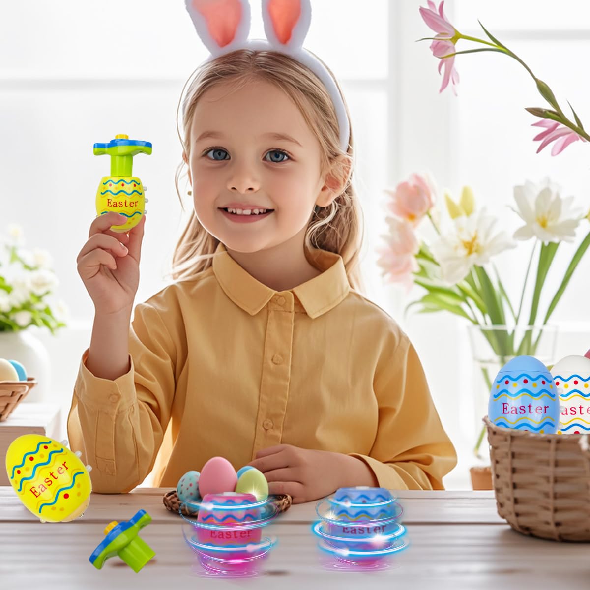 Pinkiwine 4 Pack LED Light Up Spinning Tops - Flashing Easter Egg Toys for Kids, Boys & Girls - Fun Party Favors, Easter Basket Stuffers & Holiday Gifts (Great for Easter Celebrations, Birthday Parties & Classroom Rewards)