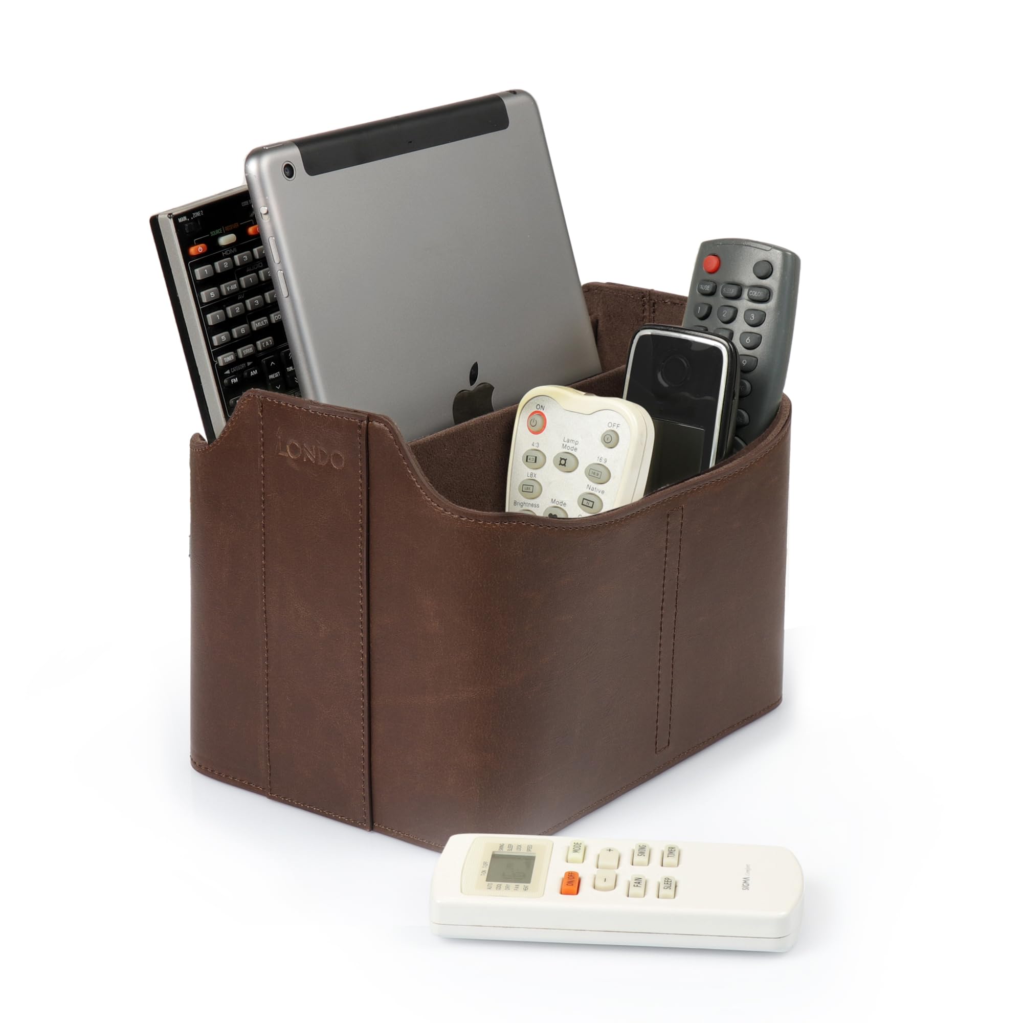 Premium PU Leather Remote Control Holder & Desk Organizer - Large Capacity 5-Compartment Caddy for Tablet, Makeup Brushes, Utensils & Office Supplies | Perfect for Home, Office & Vanity Organization