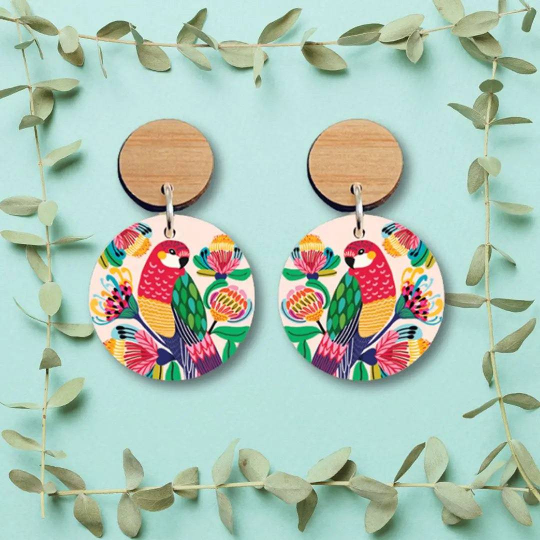 Handmade Australian Rosella Birds Wooden Earrings - Unique Boho Dangle Earrings for Women - Perfect for Casual Wear, Parties & Gifts