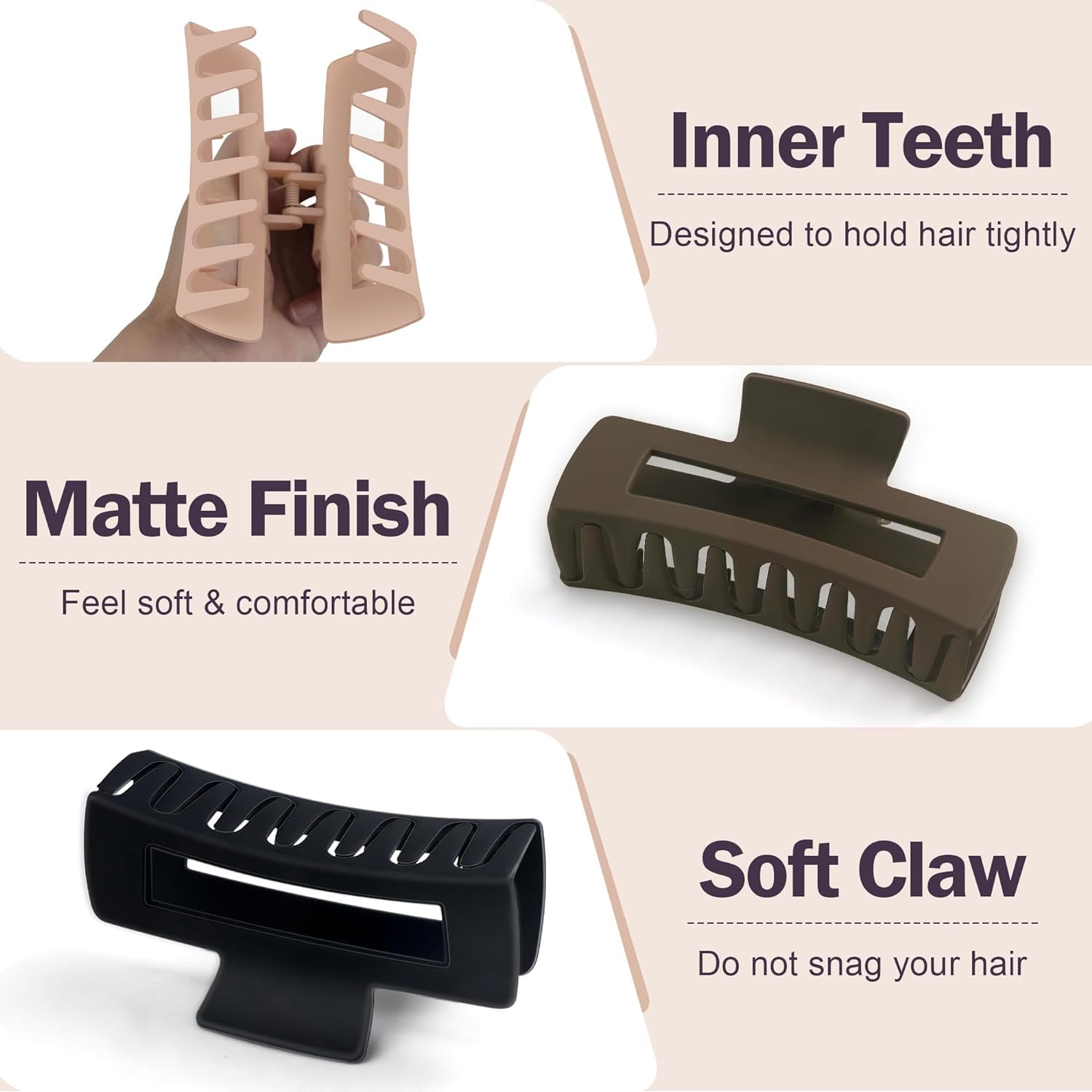 **Minta 6-Pack 3.7 Inch Large Claw Hair Clips for Thick & Thin Hair - Matte Square Hair Claws for Women - Neutral Hair Accessories for Everyday, Work & Travel**