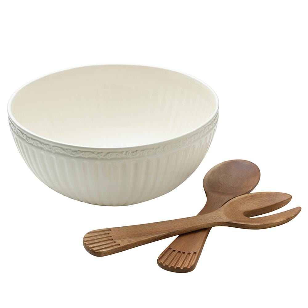 Italian Countryside® Ceramic Salad Bowl Set with Wooden Serving Utensils - Perfect for Dinner Parties, Picnics & Family Gatherings