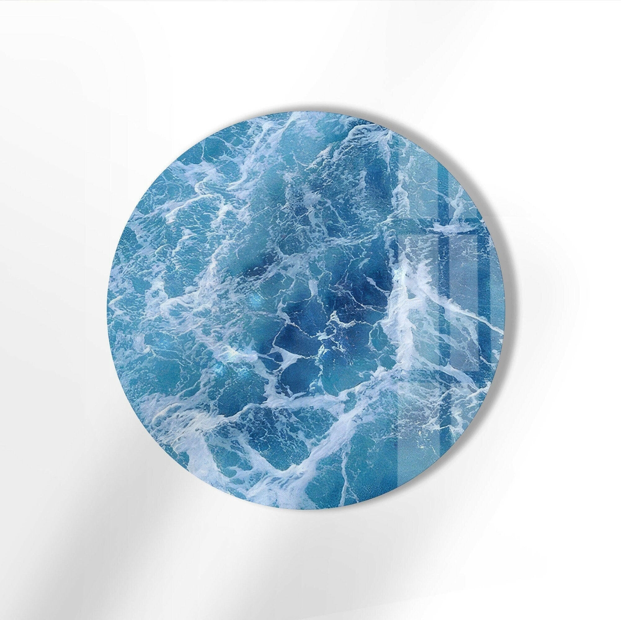 Blue Ocean Waves Round Glass Wall Art - Coastal Decor for Living Room, Bedroom & Office - Handmade Seascape Mural for Home & Office Decor