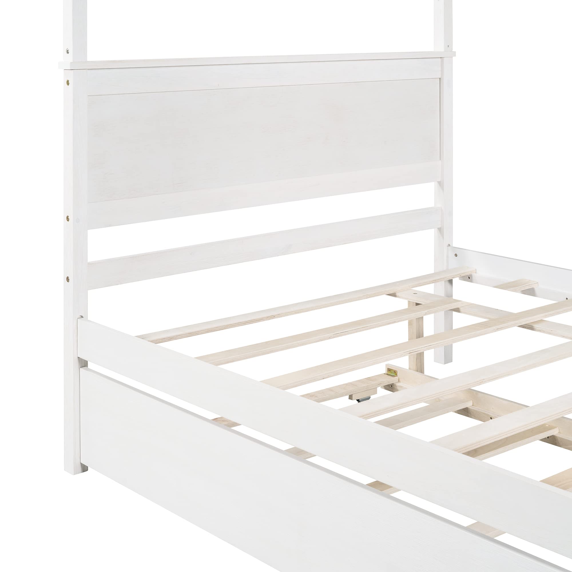 SOFTSEA Full Size Canopy Bed Frame with Trundle - Solid Wood Platform Bed with Headboard, No Box Spring Needed, White - Perfect for Guest Rooms, Master Bedrooms & Small Spaces