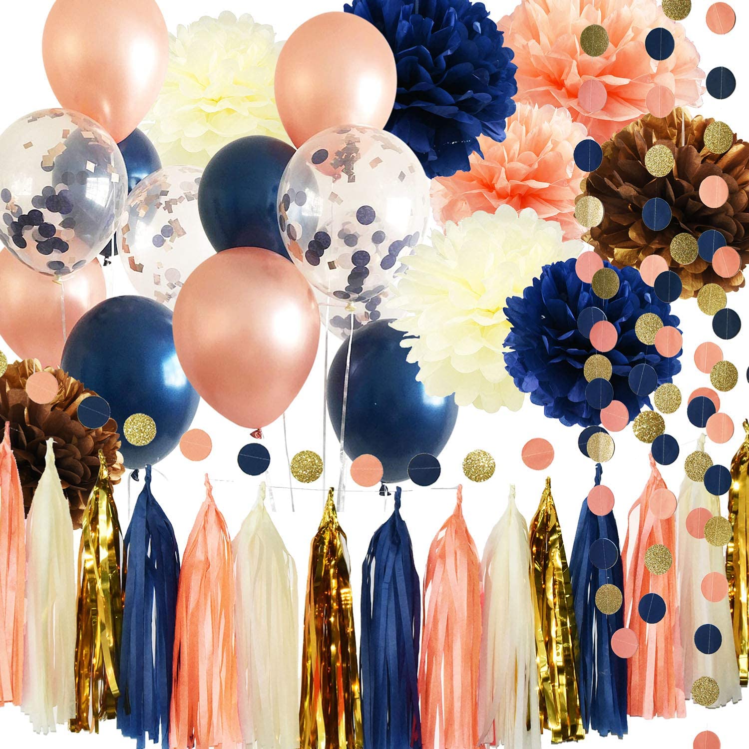 Navy Rose Gold Birthday Party Decorations for Women - Gender Reveal, Bridal Shower & Bachelorette Party Supplies - Elegant Navy Peach Wedding Balloons & Decors by Qian's Party - Perfect for Baby Showers, Anniversary Celebrations and Special Events
