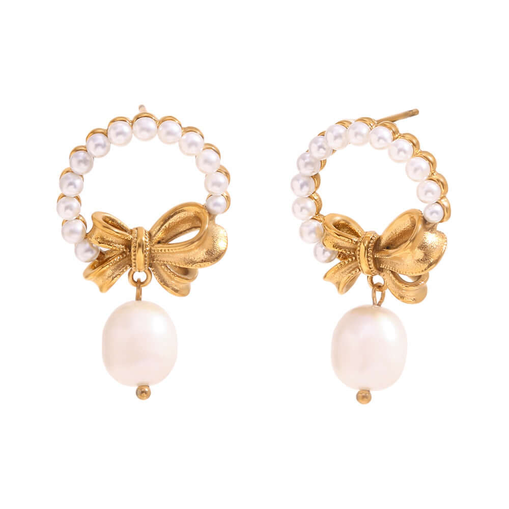 Elegant Gold Bow Pearl Drop Earrings for Women - Classic Dangle Earrings for Bridal, Party & Special Occasions | E7853