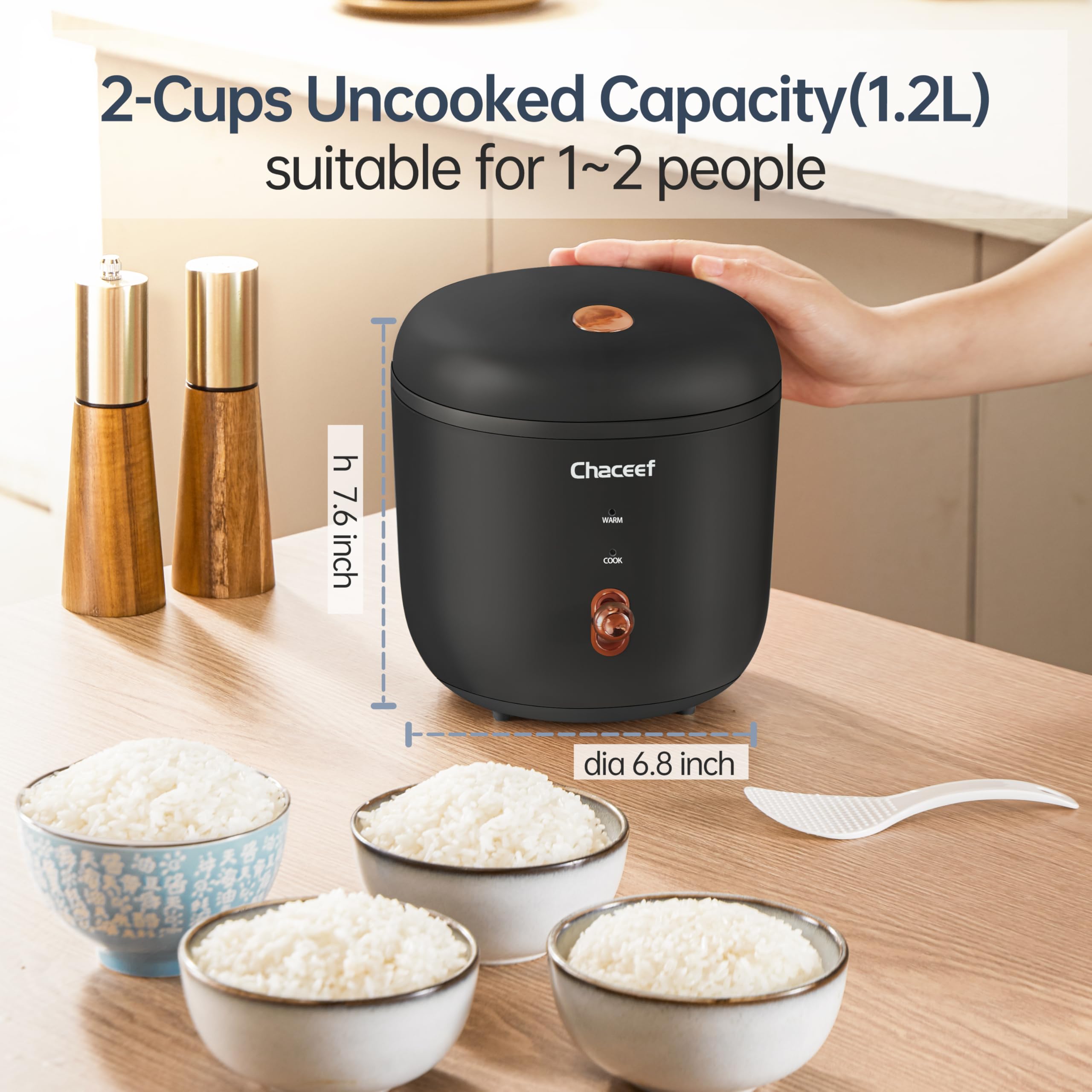 CHACEEF Mini Rice Cooker 2 Cups (1.2L) - Small Portable Travel Rice Maker with Non-Stick Pot, One-Touch Operation & Keep Warm Function - Perfect for White Rice, Brown Rice, Oatmeal & Black Rice - Ideal for Dorms, Offices, Camping & Small Kitchens
