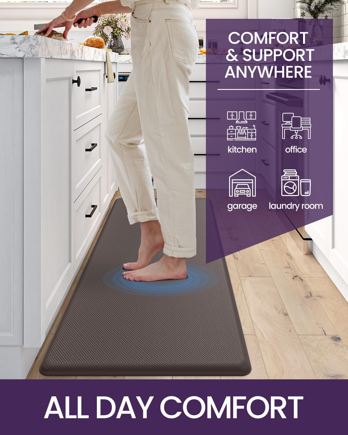 DEXI Anti-Fatigue Kitchen Mat - Non-Slip Waterproof Standing Comfort Floor Rug for Kitchen, Office, Laundry, Sink - 48x20 Inches, Brown - Perfect for Cooking, Dishwashing & Long Standing Work