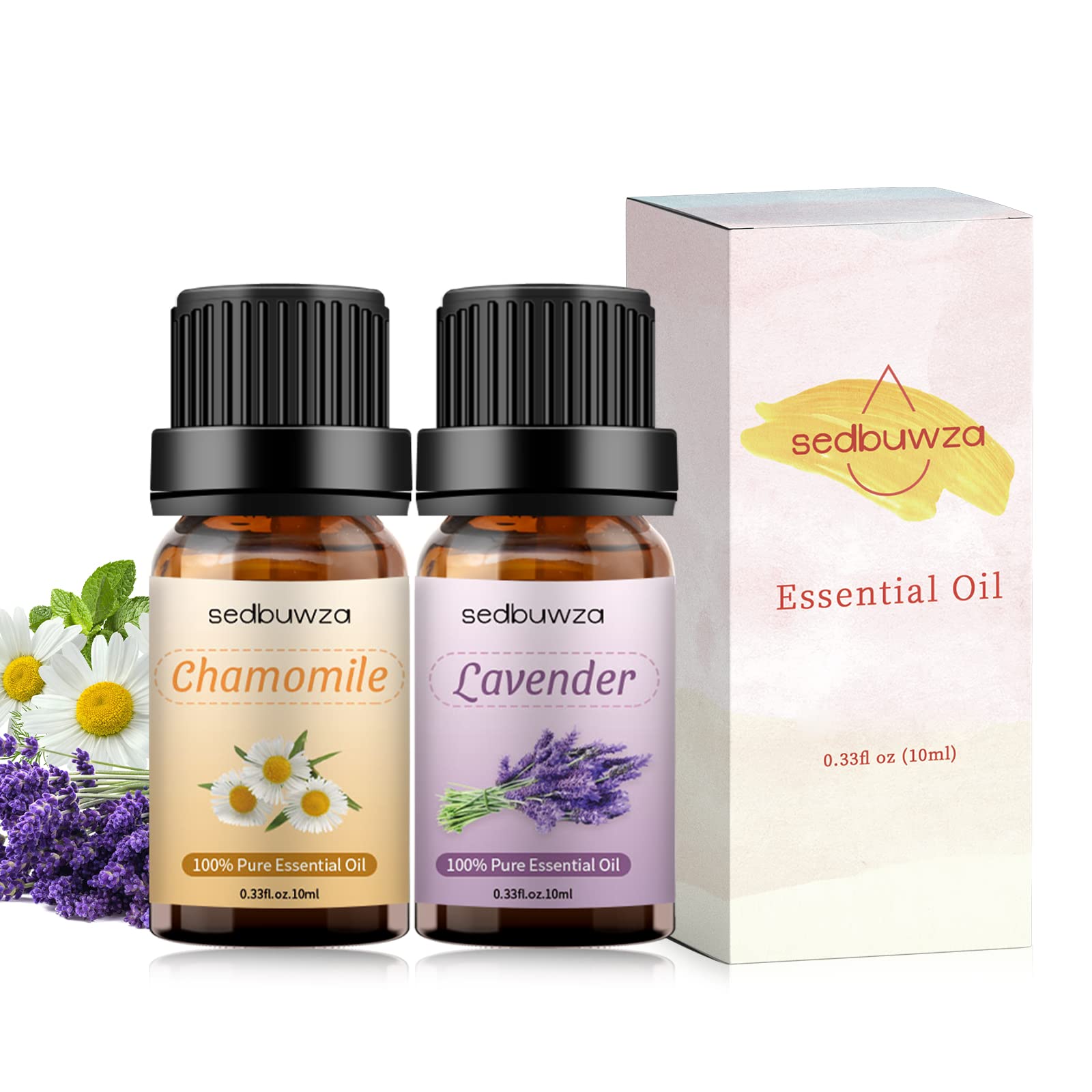 Sedbuwza Lavender Chamomile Essential Oil Set - 2 x 10ml Pure Aromatherapy Oils for Diffusers, Massage, Soap & Candle Making | Relaxing Scent for Stress Relief & Better Sleep