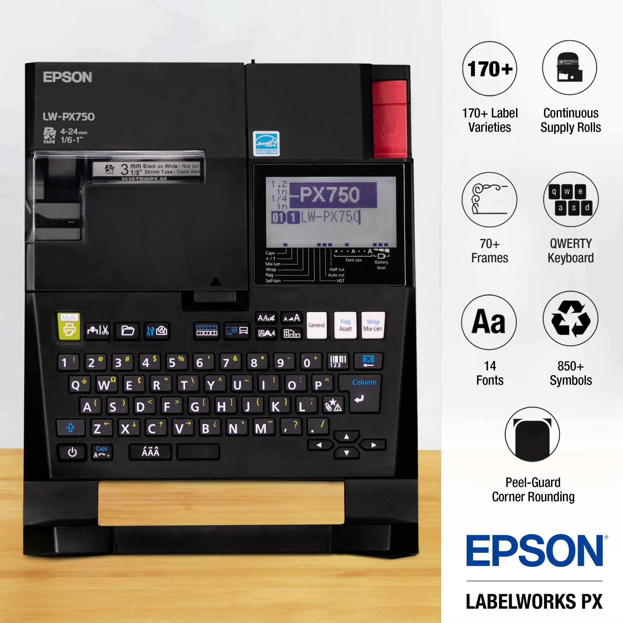Epson LW-PX750 Industrial Label Maker Kit with Bonus Accessories & 224BWPX/224VTBWPX Tape Cartridges - Perfect for Warehouse, Office, and Industrial Labeling Needs