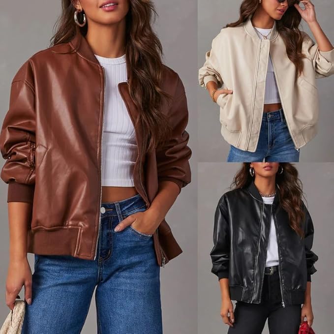 **Women's Oversized Lambskin Leather Jacket – Genuine Cafe Racer Varsity Style Biker Jacket – Perfect for Motorcycle Riding, Casual Outfits & Streetwear Fashion**