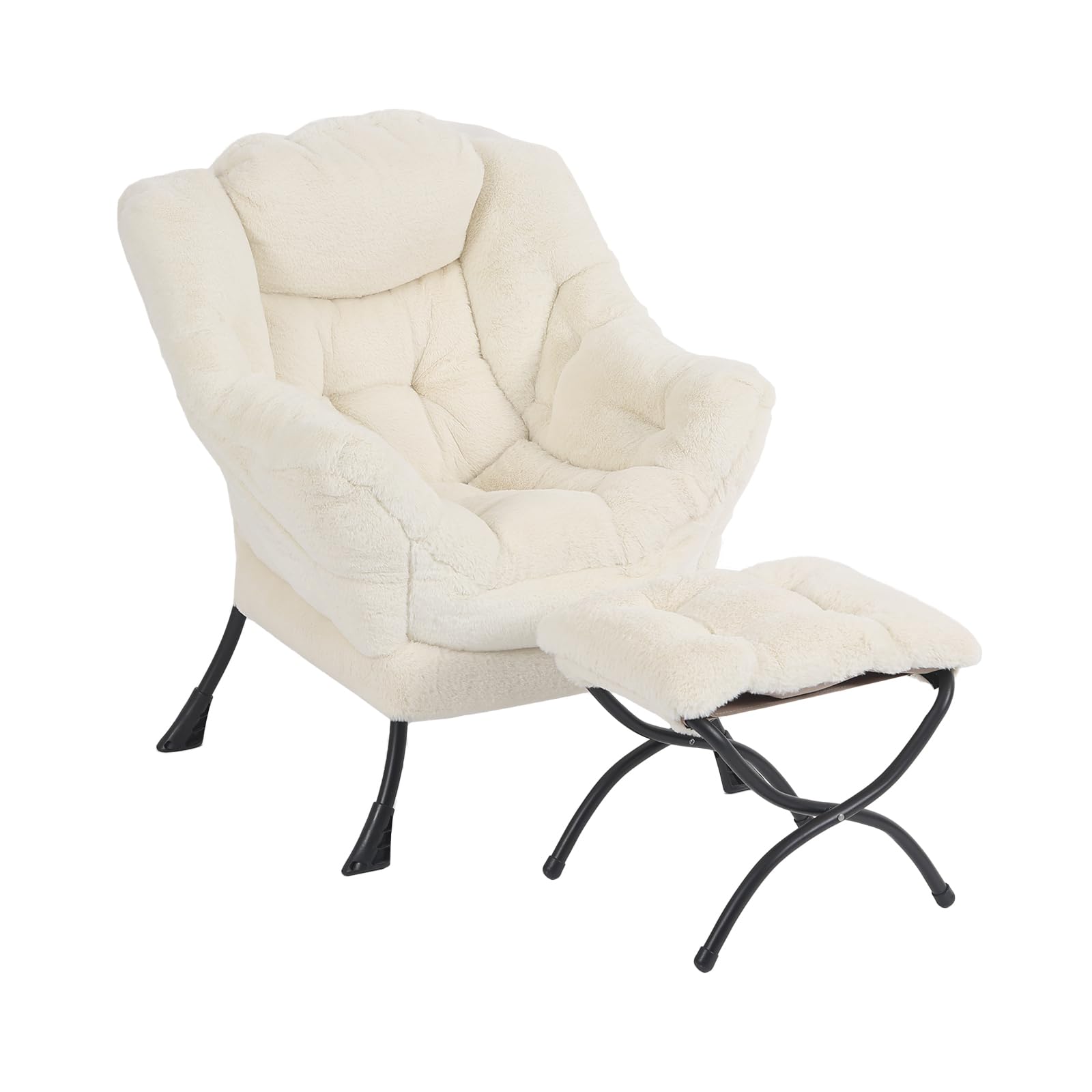Modern Lazy Chair with Ottoman - Plush Beige Lounge Accent Chair with Folding Footrest for Living Room, Bedroom & Study | Comfortable Reading Chair for Relaxing, Napping & Lounging at Home