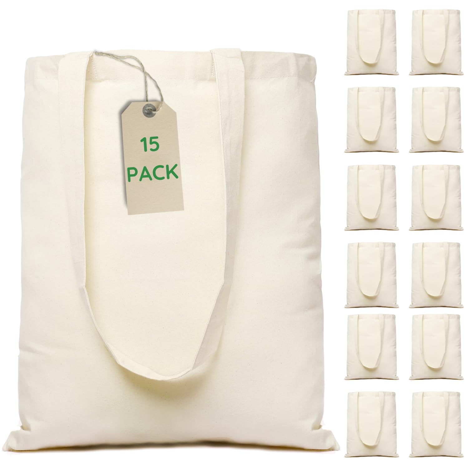 Greenmile Bulk Canvas Tote Bags 15 Pack - 15x16.5 Inch Large Reusable Grocery Bags - 6 oz Thick Plain Shopping Totes for Arts & Crafts, DIY Projects, Farmers Market, Beach Trips & Eco-Friendly Shopping