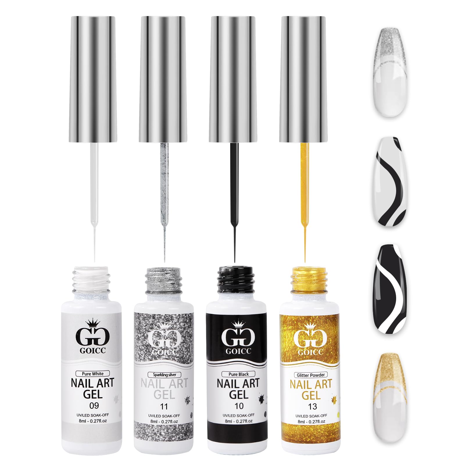 Gel Nail Polish Set - 4 Colors Black & White Soak Off UV/LED Nail Art Design Kit (8ml with Brush) - Perfect for Salon, Home Manicures & DIY Nail Designs