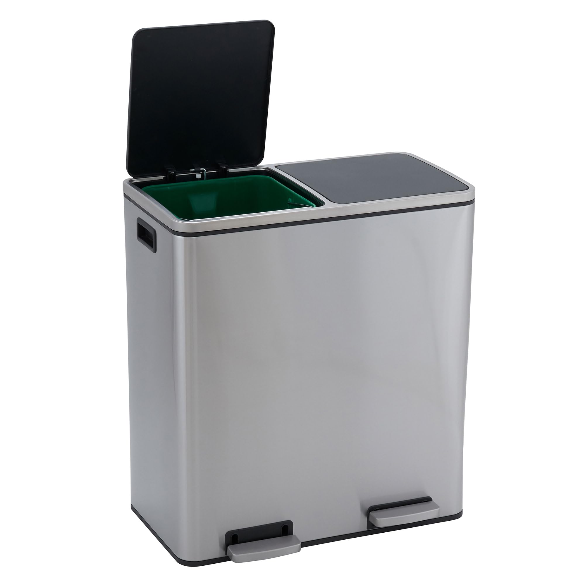 Stainless Steel Dual Compartment Trash Can with Soft Close Lids | 2 x 30L/8Gallon Recycling Bins, 60L Total Capacity, Silver | Perfect for Kitchen, Office, Restaurant Waste Separation