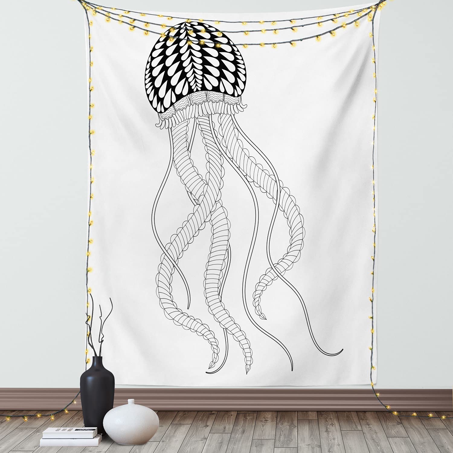 Ambesonne Jellyfish Wall Tapestry - Monochromatic Underwater Creature Design on Plain Backdrop - 40x60 Inch Charcoal Grey & White - Perfect for Bedroom, Living Room & Dorm Decor - Great for Boho, Beach Theme or Meditation Space