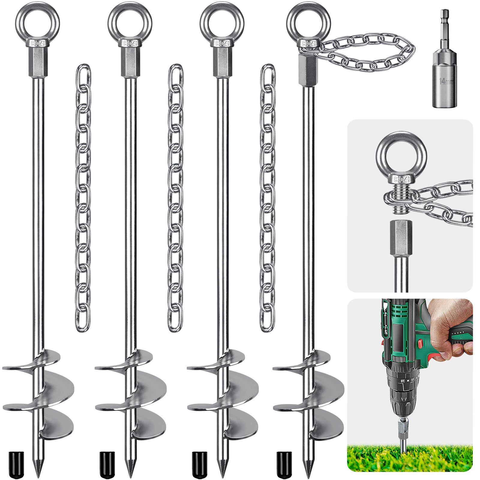 Heavy Duty 30'' Screw-in Ground Anchors with Chain - 4 Pack Trampoline Stakes for Secure Outdoor Use - Perfect for Trampolines, Camping Tents, Carports, Sheds & Swing Sets - Weather-Resistant Mobile Home Anchors for All Terrains