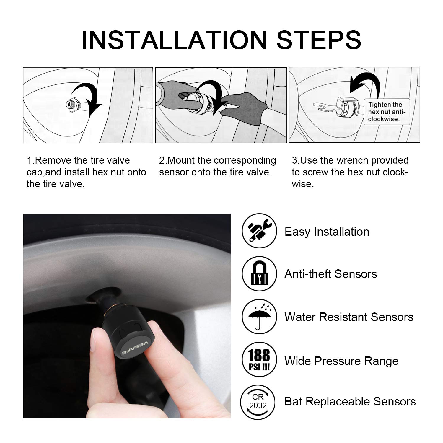 VESAFE Wireless TPMS Tire Pressure Monitoring System for RV, Trailer, Motorhome, Fifth Wheel - 4 Anti-Theft Sensors with Real-Time Alerts | Perfect for Long Road Trips and Heavy-Duty Towing