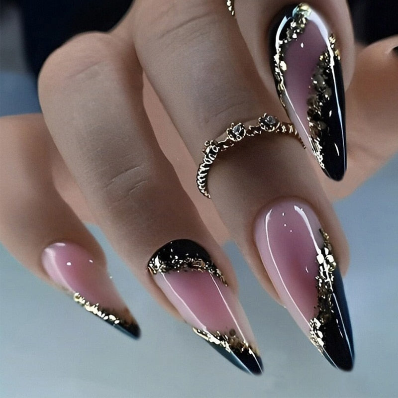 24Pcs Glitter French Press on Nails with Rhinestones - Golden Stiletto Fake Nails for Women - Perfect for Parties, Weddings & Special Occasions