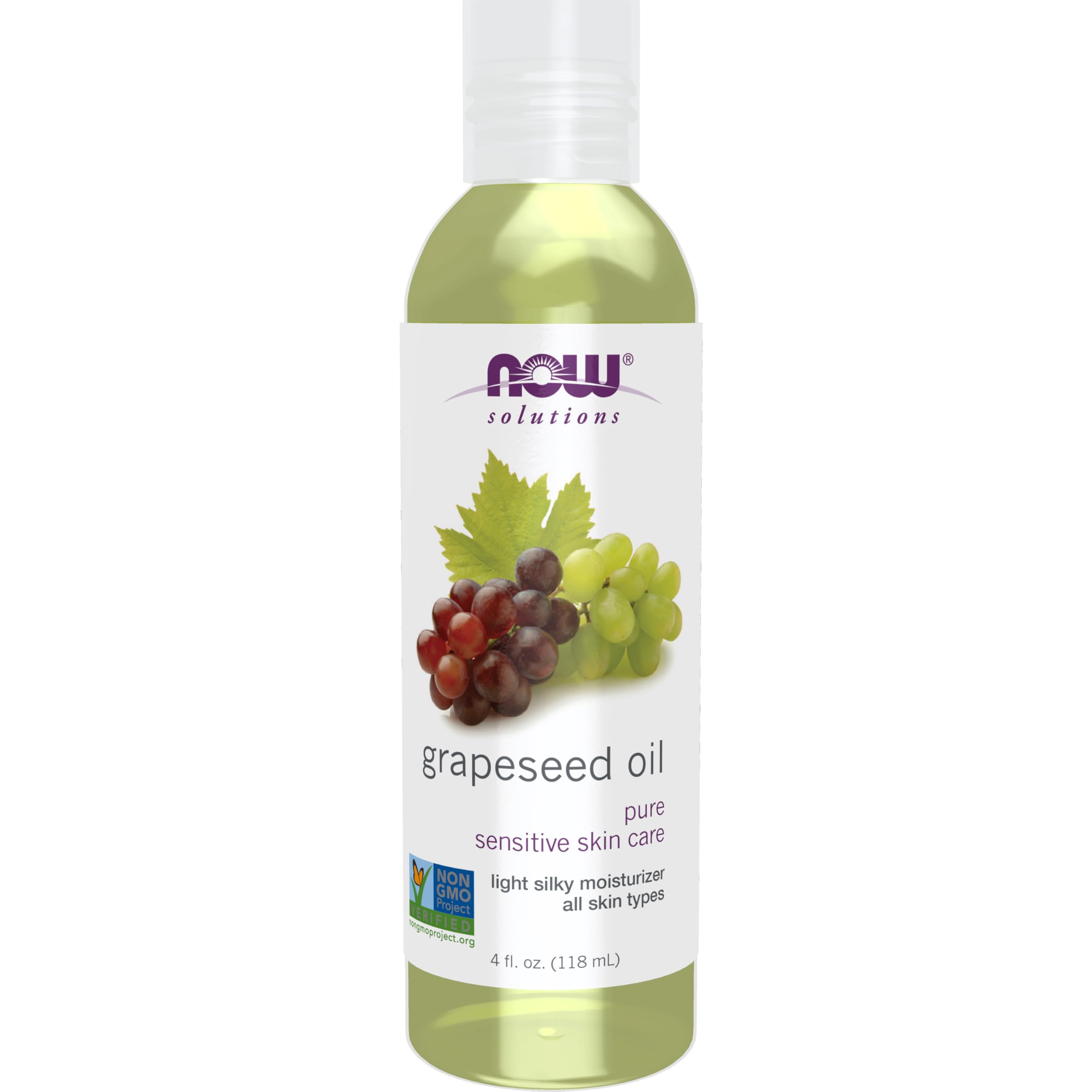 NOW Foods Grapeseed Oil for Sensitive Skin - Lightweight Silky Moisturizer for Face & Body - 100% Pure Natural Skin Care Solution - 4 oz - Perfect for Daily Hydration & Massage Therapy