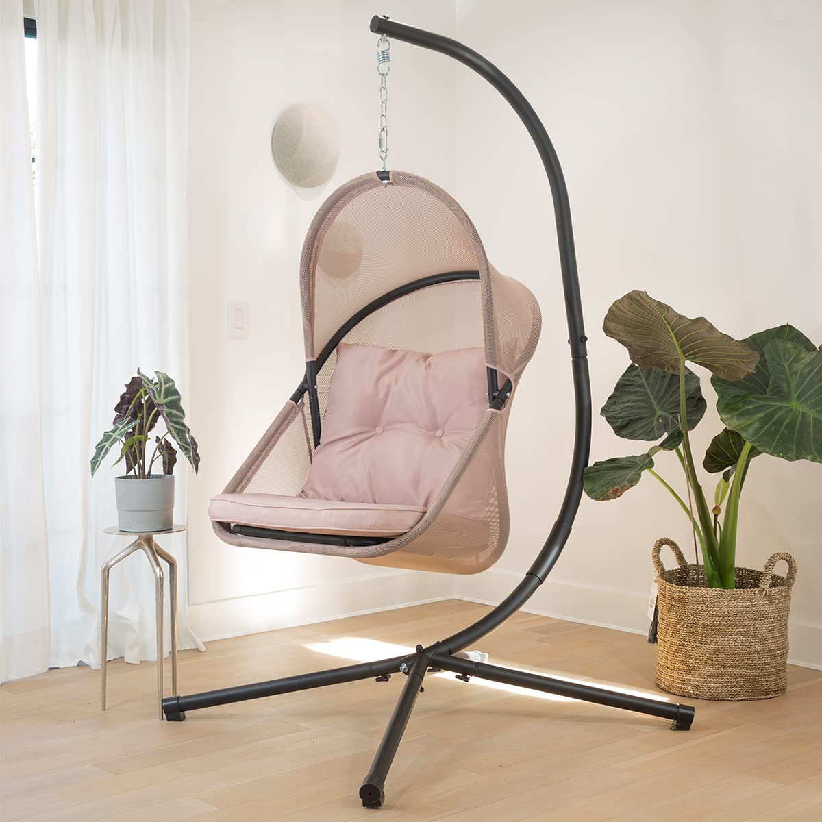 **Barton Hanging Egg Chair with Canopy & Cushion – Indoor/Outdoor Collapsible Basket Lounge Seat – Beige – Perfect for Patio, Garden, or Balcony Relaxation**