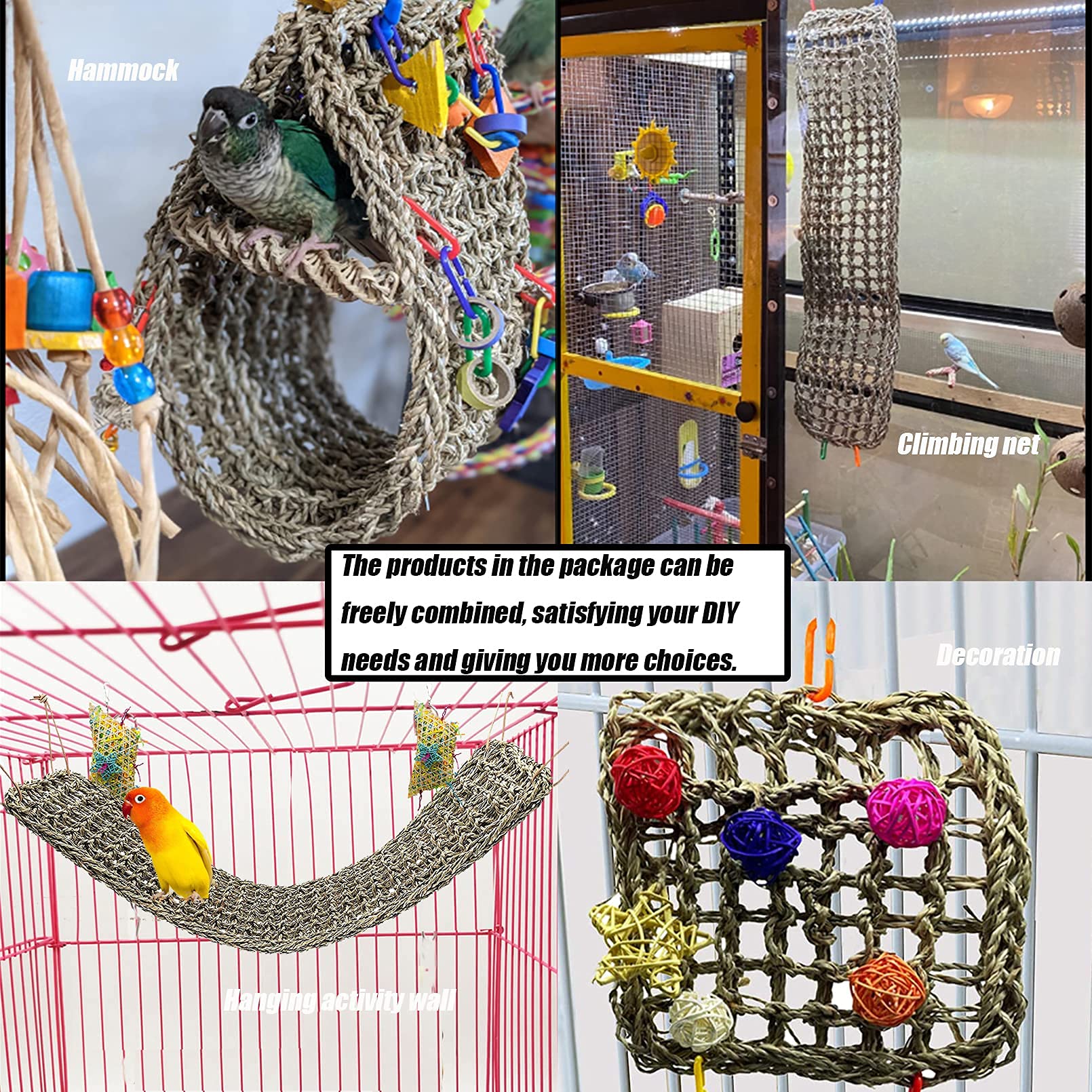 Premium Parrot Foraging Wall Toy - Natural Seagrass Climbing Mat & Hammock with Chew Balls (29.5